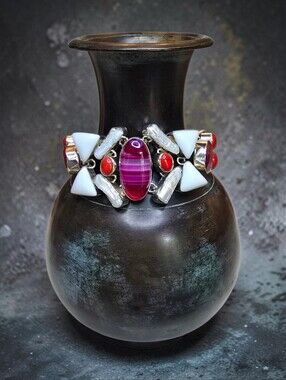Pink Banded Agate, Red Coral, Biwa Pearls, Milk Glass And Ruby Bracelet - 925